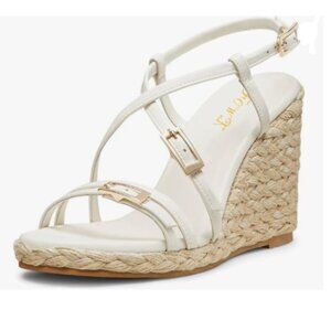 FOWT White Espadrille Platform Wedge High Heel Open Toe Crossed Strap Sandals